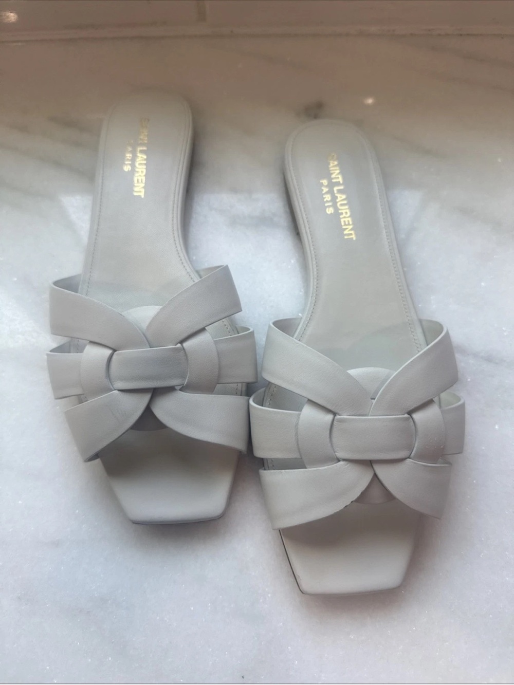Saint Laurent YSL Tribute Sandal Flat Mules White Slides Smooth Leather 37.5 - Picture 3 of 11